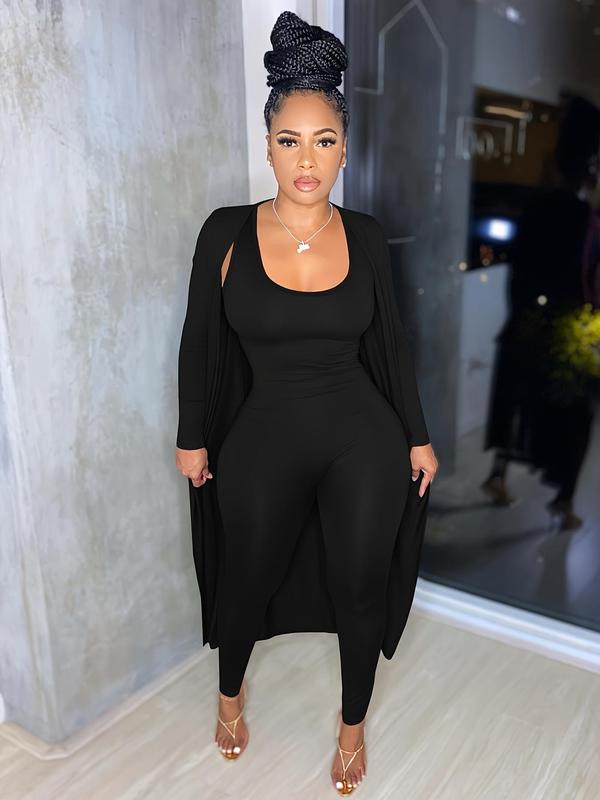 Two-piece Set Women's Solid Open Front Long Sleeve Longline Outwear  & Skinny Jumpsuit, Casual Fashion Cozy Outfits for Daily Outdoor Wear, Women Clothes for Fall & Winter