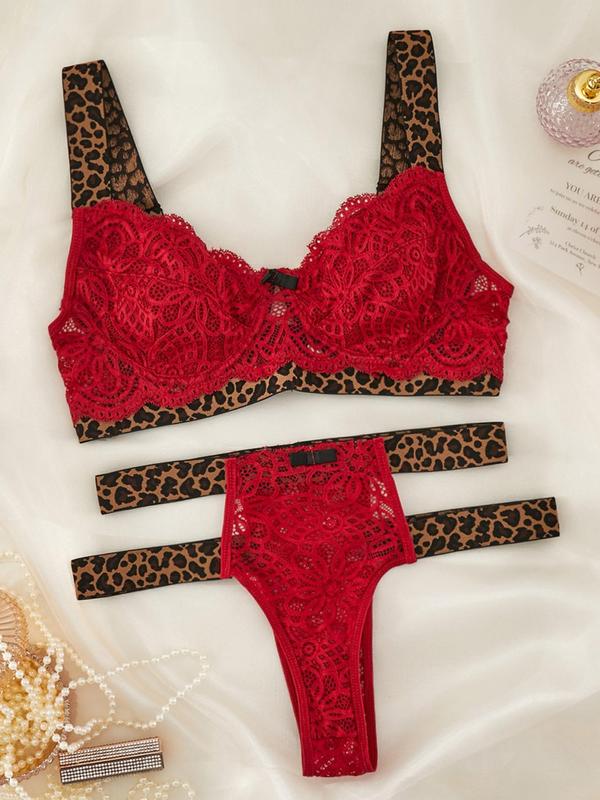 Women's Leopard Tape Contrast Lace Sexy Lingerie Set, Fashion Bow Decor Bra & Cut Out Thong Underwear Set, Lingerie Set for Women