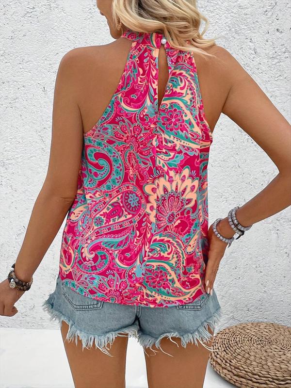 Women's Floral Print Halter Neck Tank Top, Boho Sleeveless Top for Summer, Ladies Clothes for Beach Holiday Vacation