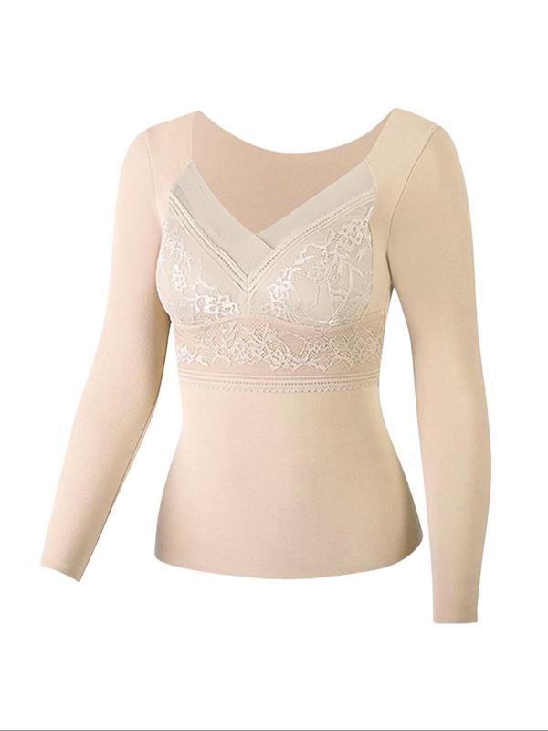 Women's Solid Color Contrast Lace Thermal Lined Underwear Top, Casual Comfy Warm Round Neck Long Sleeve Top for Fall & Winter, Women's Underwear for Daily Wear