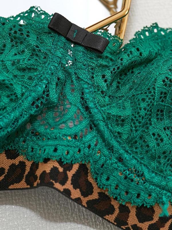 Women's Leopard Tape Contrast Lace Sexy Lingerie Set, Fashion Bow Decor Bra & Cut Out Thong Underwear Set, Lingerie Set for Women