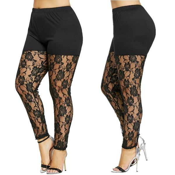 Women Mesh Hollow Lace Insert Sheer Leggings Mid Elastic Waist Pencil Pants Cutout Tights Plus Size L-4XL