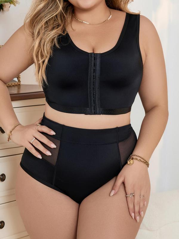 Women's Plus Size Contrast Mesh Hook Closure Underwear Set, Push Up Bra & High Waist Panty Set, Women's Plus Size Underwear Set, Summer Wear