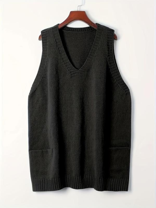  Solid Pocket V Neck Knit Tank Top, Casual Sleeveless Knitwear for Fall & Winter, Women's Clothing for Daily Wear