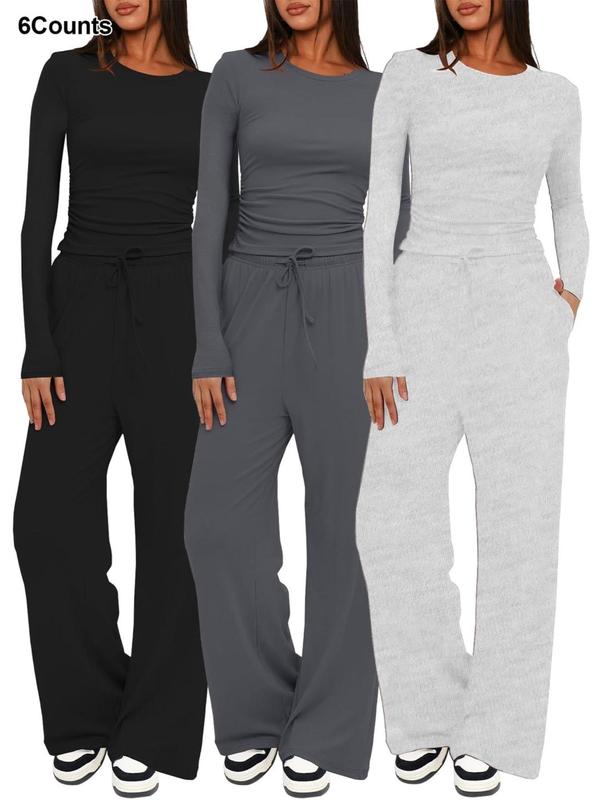 Women's Solid Long Sleeve Tee & Drawstring Waist Wide Leg Pants Loungewear Two-Piece Set, Casual Comfy Round Neck Top & Trousers PJ Set, Ladies Sleepwear for All Seasons