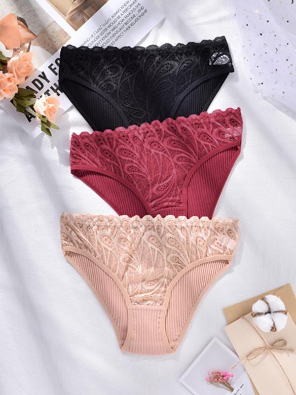 Women's 3pcs Soft Solid Lace Knicker, Mid Rise Panty, Breathable Comfortable Underwear for Daily Wear, Women's Underwear Bottoms for All Seasons