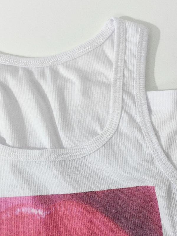 Women's Cherry & Mouth Print Scoop Neck Tank Top, Casual Tight-fitting Sleeveless Top for Summer, Ladies Clothes for Daily Wear
