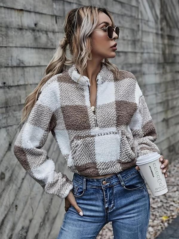 Women's Plaid Print Half Zipper Placket Sweatshirt, Casual Drop Shoulder Mock Neck Pullover for Women, Cozy Winter Outfits, 2024 Black Friday Deals