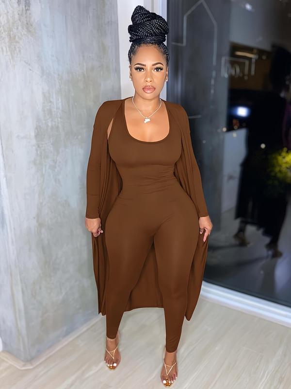 Two-piece Set Women's Solid Open Front Long Sleeve Longline Outwear  & Skinny Jumpsuit, Casual Fashion Cozy Outfits for Daily Outdoor Wear, Women Clothes for Fall & Winter
