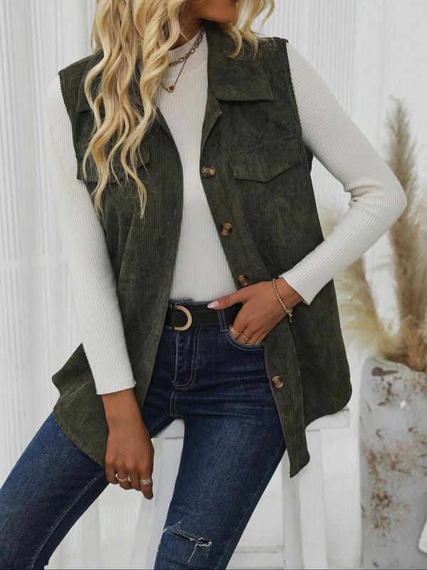 Women's Solid Button Front Curved Hem  Corduroy Vest Coat, Casual Pocket Design Collared Midi Outerwear for Daily Wear, Ladies Clothes for All Seasons