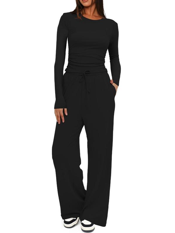 Women's Solid Long Sleeve Tee & Drawstring Waist Wide Leg Pants Loungewear Two-Piece Set, Casual Comfy Round Neck Top & Trousers PJ Set, Ladies Sleepwear for All Seasons