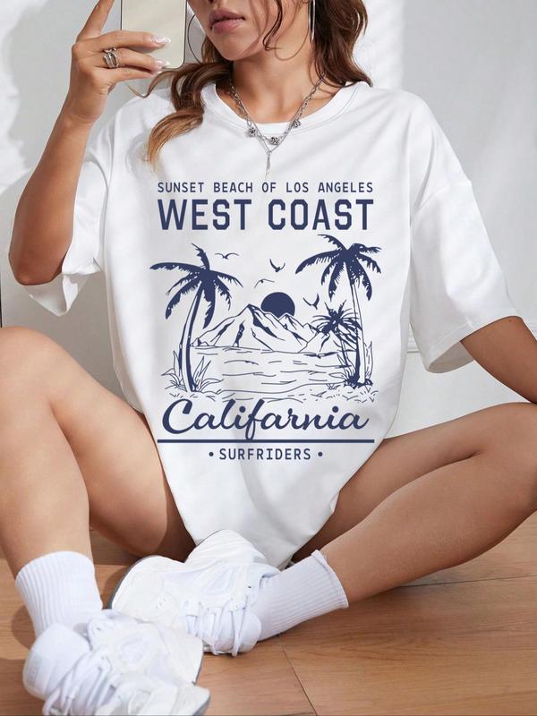 Women's Sunset Beach & Coconut Tree Print Vintage Graphic Tees, T Shirts for Women, Back To School Outfits, Casual Half Sleeve Round Neck T-shirt, Summer Outfits 2024, Graphic Tees, Women's Top for Daily Wear for Birthday Gifts