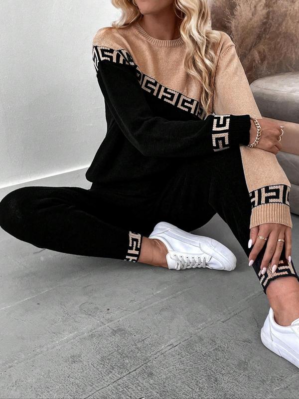 Women's Colorblock Patchwork Print Long Sleeve Sweater & Solid Elastic Waist Pants Set, Casual Round Neck Asymmetrical Sleeve Jumper & Trousers, Fall & Winter Clothes for Women