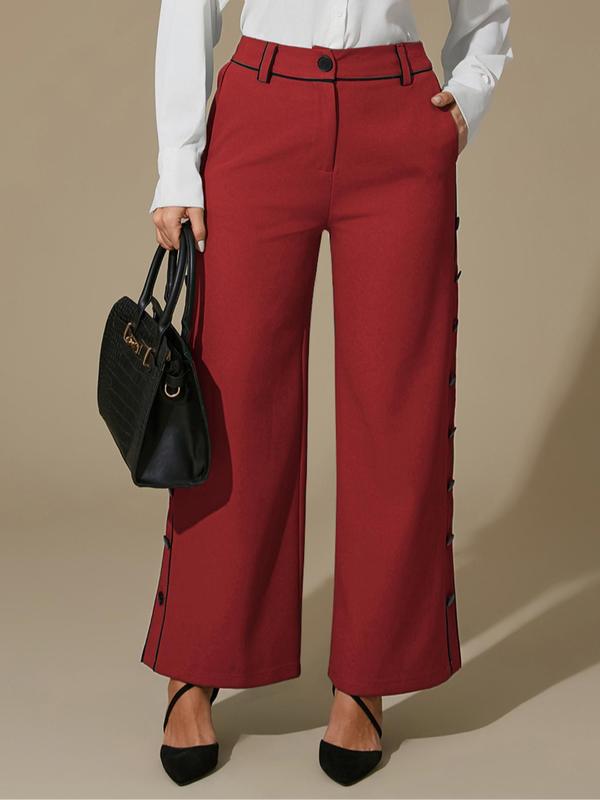 Women's Colorblock Button Wide Leg Pants, Casual Comfy High Waist Trousers for Daily Wear, Ladies Bottoms for All Seasons