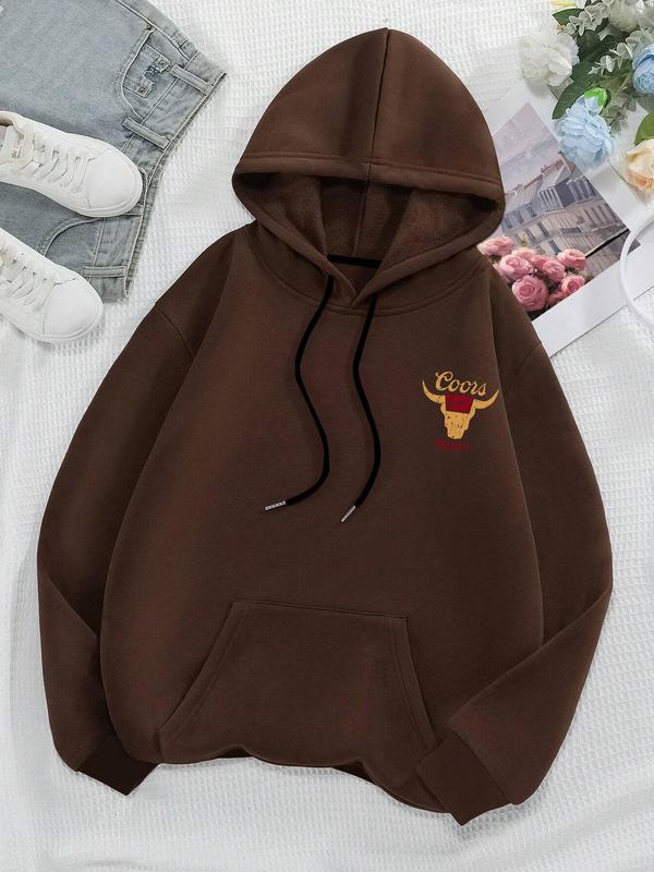 Women's Letter & Cowboy Print Drop Shoulder Hoodie, Western Style Drawstring Pocket Hooded Sweatshirt for Daily Holiday Outdoor Wear, Ladies Clothes for Fall & Winter Graphic Hoodie