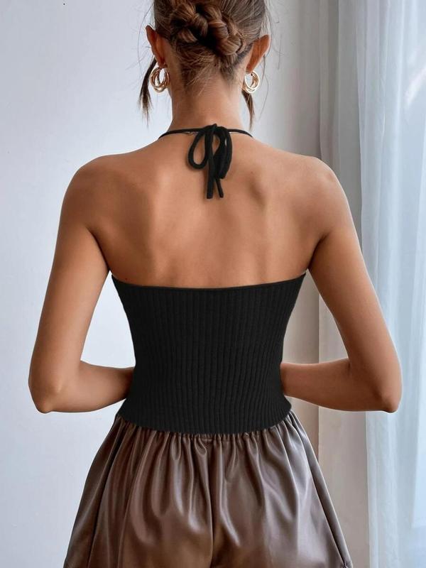 Women's Basic Backless Sleeveless Halter Neck Sweater Vest, Lady Casual Basic Simple Tie Back Knit Cami Top for Women, Knitting Camisole for Summer, Womenswear