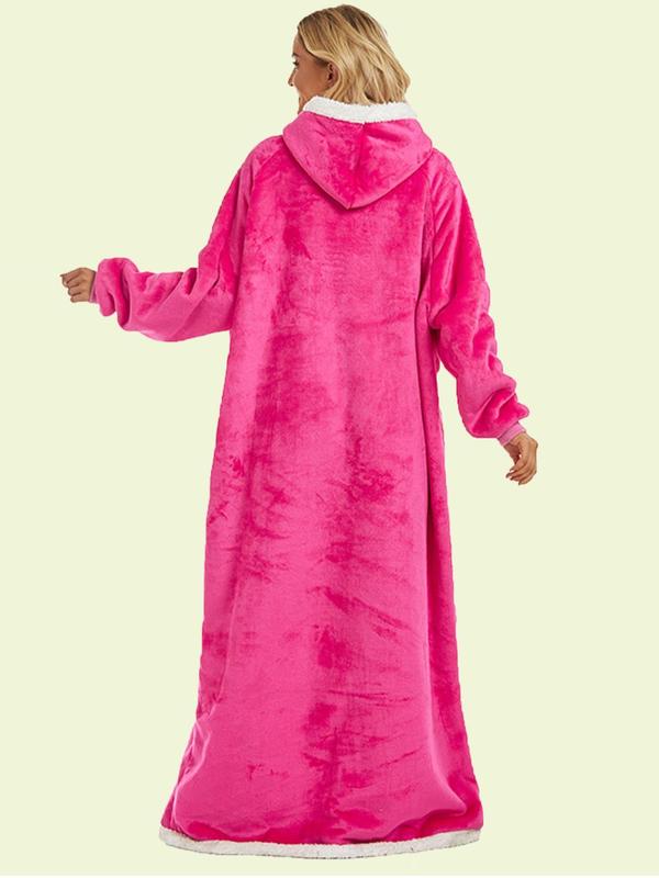 Women's Contrast Binding Pocket Hooded Lounge Robe, Casual Long Sleeve Raglan Sleeve Warm Lounge Robe, Women's Sleepwear for Fall & Winter