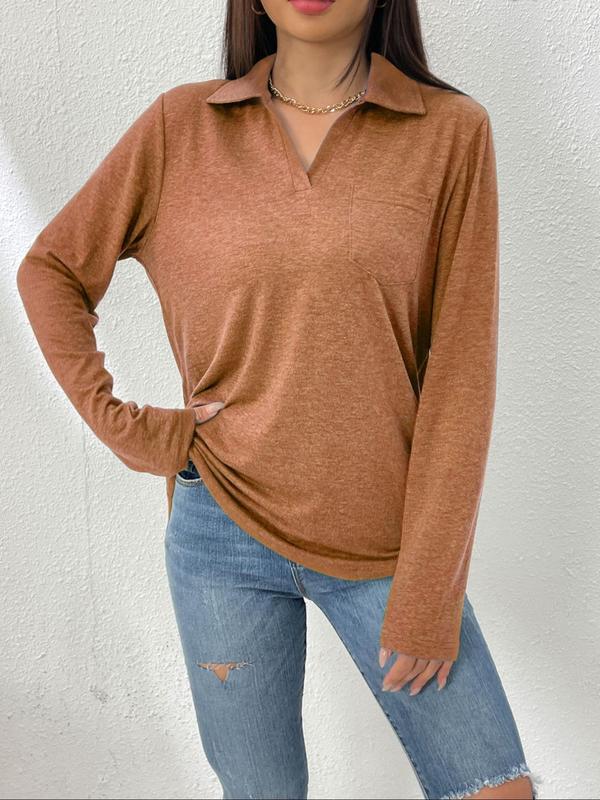 Women's Plain Pocket V Neck Polo Shirt, Casual Long Sleeve Collared Top for Spring & Fall, Ladies Clothes for Daily Wear