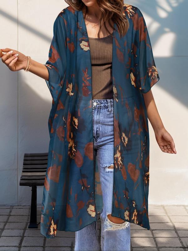 Plus Size Ethnic Pattern Asymmetrical Hem Kimono Cardigan, Boho Fashion Half Sleeve Open Front Outerwear for Summer, Women's Clothes for Daily Wear