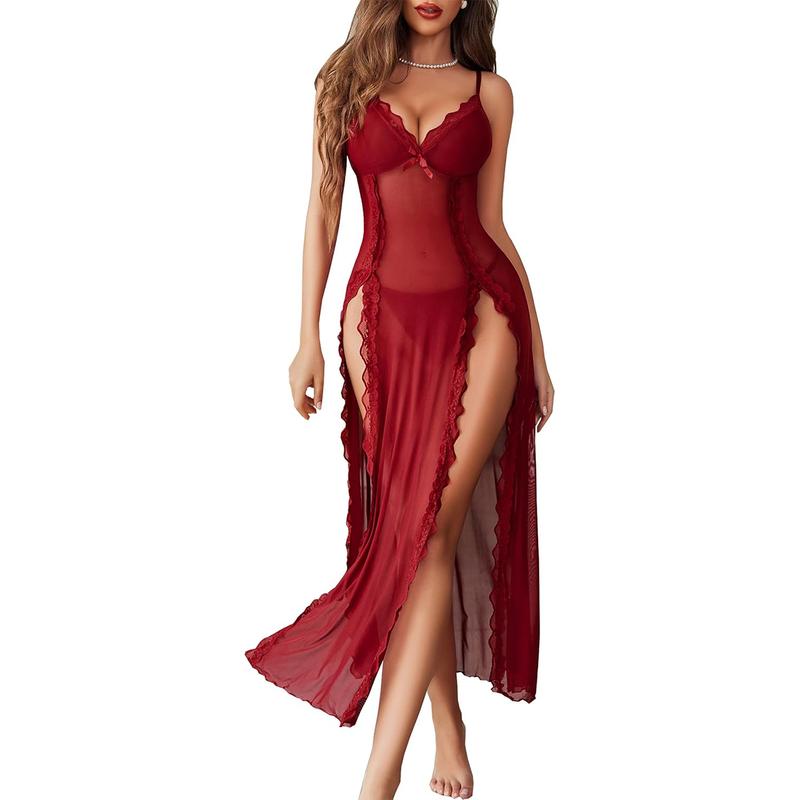 Avidlove Women Lingerie Lace Sleepwear Chemise Glamour Mesh Nightdress V Neck Nightwear Side Split Nightgown Christmas  Sleepwear Black Friday