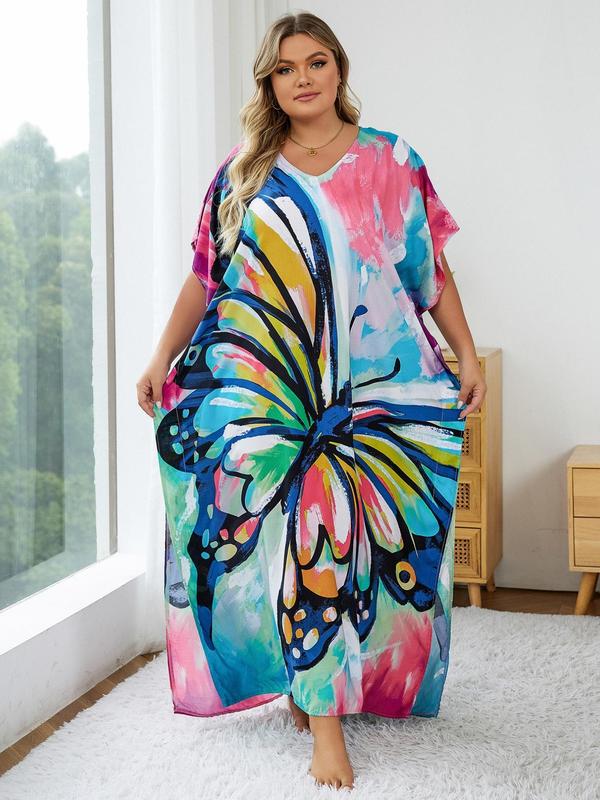 Colorful Graphic Batwing Sleeve Tunic Dress, Bohemian Muumuu Dress, Summer Outfits 2024, Casual Comfort V Neck Half Sleeve Split Long Dress for Lady, Women's Clothing for Summer