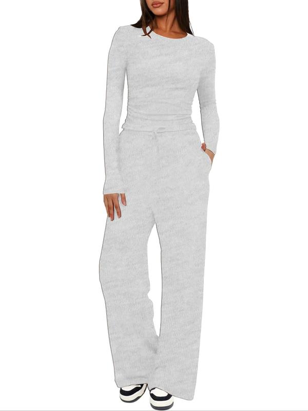 Women's Solid Long Sleeve Tee & Drawstring Waist Wide Leg Pants Loungewear Two-Piece Set, Casual Comfy Round Neck Top & Trousers PJ Set, Ladies Sleepwear for All Seasons