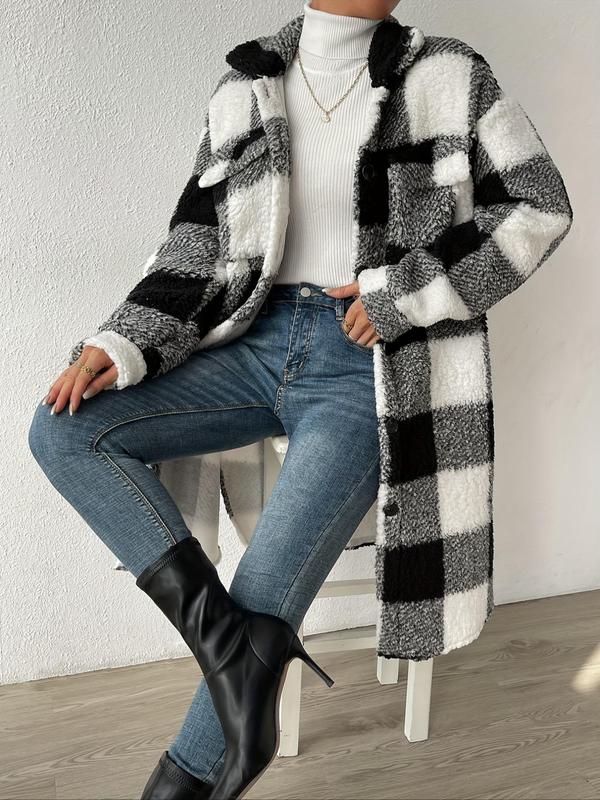 Women's Plaid Print Button Front Drop Shoulder Fuzzy Overcoat, Casual Jackets, Long Sleeve Collar Neck Pocket Outerwear for Fall & Winter, Women's Clothing for Daily Wear