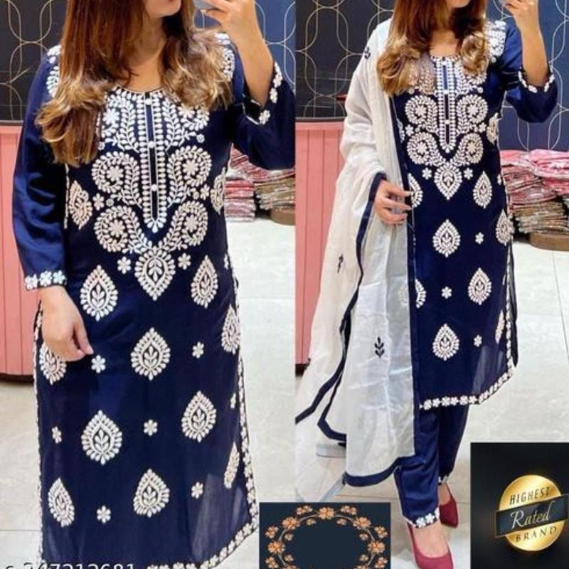 Reyon Kurta Set with White Dupatta for Women - Traditional Dress