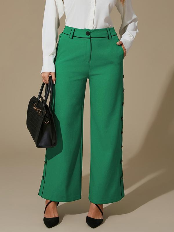 Women's Colorblock Button Wide Leg Pants, Casual Comfy High Waist Trousers for Daily Wear, Ladies Bottoms for All Seasons
