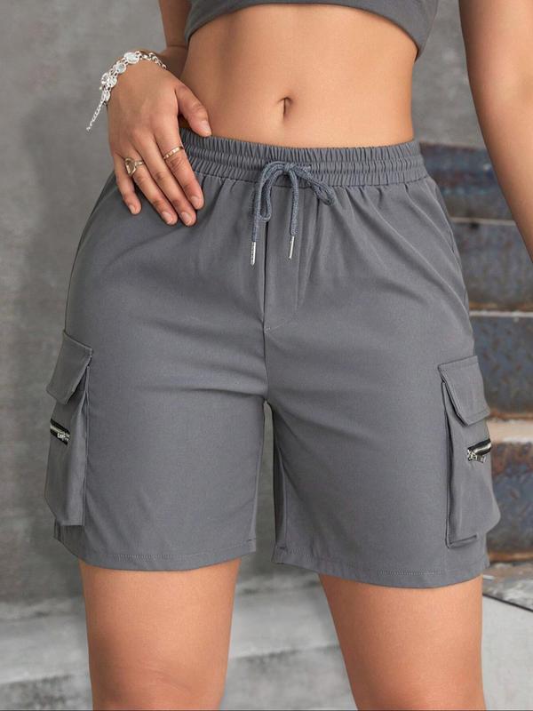 Women's Plain Zipper Drawstring Waist Shorts, Back To School Outfits, Casual Street Elastic Waist Pocket Straight Leg Shorts for Summer, Ladies Bottoms for Daily Wear