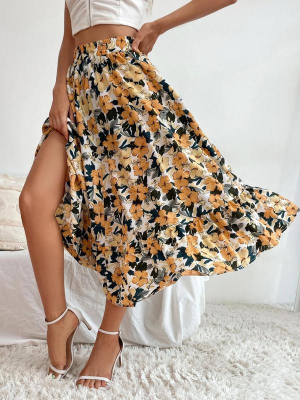 Women's Floral Print Ruffle Hem Vintage Midi Skirt, Boho Elastic Waist A Line Skirt, Summer Clothes Women, Midi Skirts Outfits, T, Skirts for Women, Ladies Bottoms for Daily Wear