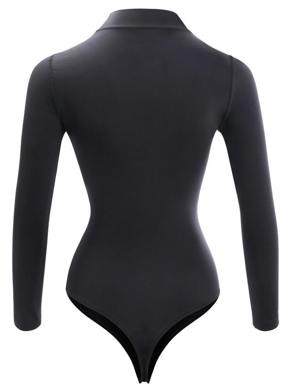 Women's Plain Mock Neck Long Sleeve Shapewear Bodysuit, Casual Comfy High Stretch Fajas Shapewear Clothing for Daily Wear, Women's Shapewear for Spring & Fall