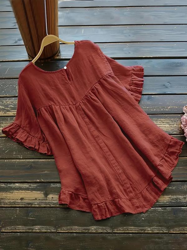  Plain Ruffle High Low Hem Blouse, Summer Outfits, Casual Round Neck Half Sleeve Top for Summer, Summer Tops, Women's Clothes for Daily Wear, Peplum Top