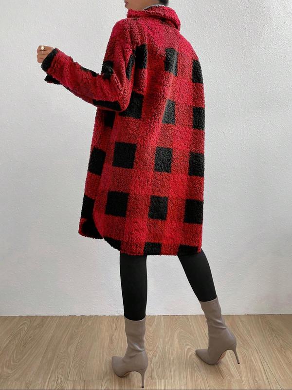 Women's Plaid Print Button Front Drop Shoulder Fuzzy Overcoat, Casual Jackets, Long Sleeve Collar Neck Pocket Outerwear for Fall & Winter, Women's Clothing for Daily Wear