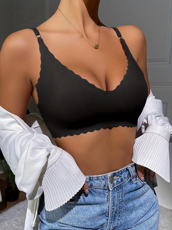 Women's Scallop Trim Adjustable Strap Bralette, Solid Seamless Wireless Push Up Bra, Summer Underwear, Breathable Lingerie for All Seasons, Summer Wear 2024