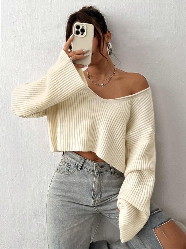 Women's Solid Color Drop Shoulder V Neck Crop Sweater, Casual Long Sleeve Jumper for Fall & Winter, Women's Knitwear for Daily Wear, Fall Clothes 2024