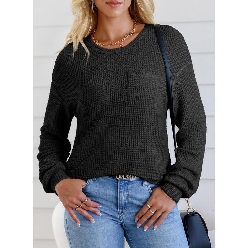 Dokotoo Womens Tops 2024 Long Sleeve Crewneck Waffle Knit Shirts Business Casual Blouses Basic Shirts