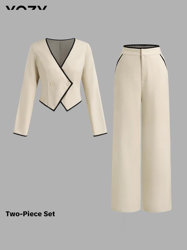 Black Friday Deals YOZY Two-Piece Set Women's Contrast Binding Double Button Blazer & Pocket Pants, Elegant V Neck Long Sleeve Outerwear & Zipper Fly Trousers for Christmas 2024 Trend,Thanksgiving Outfits,Fall Outfits,Winter Outfits