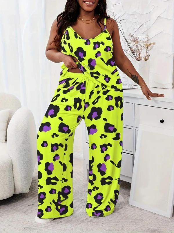  Two-Piece Set All Over Print Cami Top & Elastic Waist Wide Leg Pants Pyjama Set, Casual Comfy Spaghetti Strap Camisole Top & Trousers PJ Set, Women's Sleepwear for All Seasons