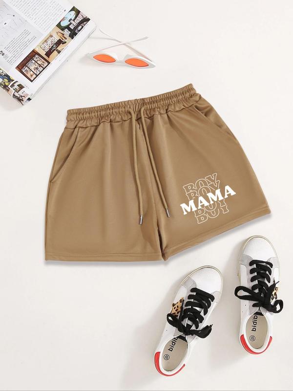 Women's Letter Print Drawstring Waist Shorts, Casual Pocket Elastic Waist Shorts for Summer, Ladies Bottoms for Daily Wear