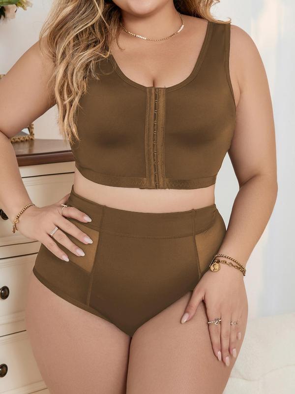 Women's Plus Size Contrast Mesh Hook Closure Underwear Set, Push Up Bra & High Waist Panty Set, Women's Plus Size Underwear Set, Summer Wear