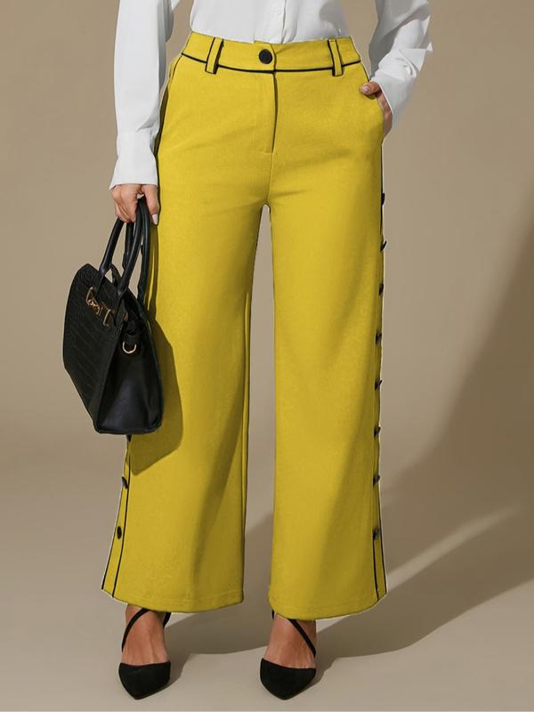 Women's Colorblock Button Wide Leg Pants, Casual Comfy High Waist Trousers for Daily Wear, Ladies Bottoms for All Seasons