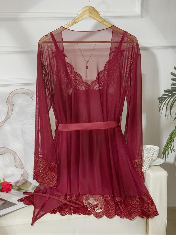 Women's Contrast Lace Bow Decor Cami Nightdress & Open Front Robe & Thong & Belt Sheer Mesh Set, Sexy Scallop Trim V Neck Nightgown & Long Sleeve Outerwear & Thong & Belt Set, Ladies Sleepwear Set