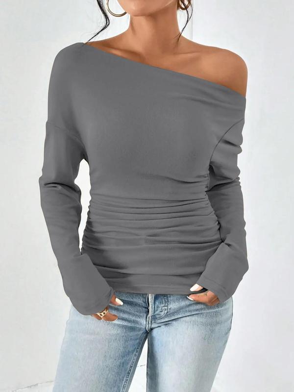 Women's Ruched One Shoulder Tee, Casual Drop Shoulder Long Sleeve T-shirt, Fall T Shirts for Women, Women's T Shirts, Women's Top for Dating Daily Wear