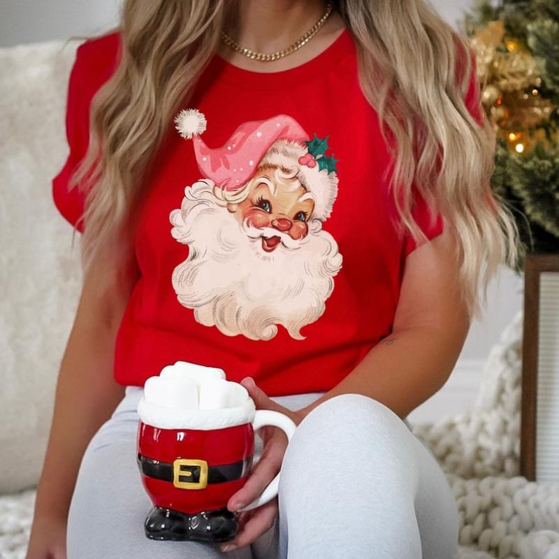 Pink Santa Retro Christmas T-Shirts Sweatshirts for Women Pink Christmas Matching Family Sweaters Pink Vintage Holiday Crewneck Group Party