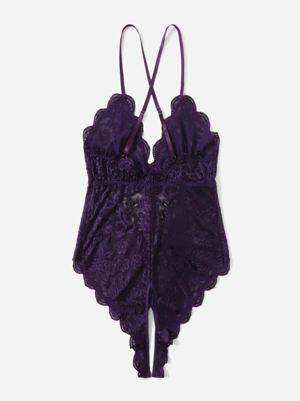  Criss Cross Scallop Trim Open Crotch Design Sexy Lingerie Bodysuit, Romantic Plain Bow Decor V Neck Sleeveless Lingerie Bodysuit for Women, Women's Sexy Lingerie for All Seasons