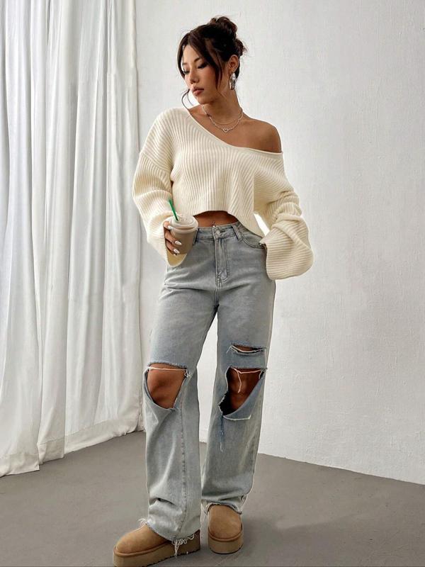 Women's Solid Color Drop Shoulder V Neck Crop Sweater, Casual Long Sleeve Jumper for Fall & Winter, Women's Knitwear for Daily Wear, Fall Clothes 2024