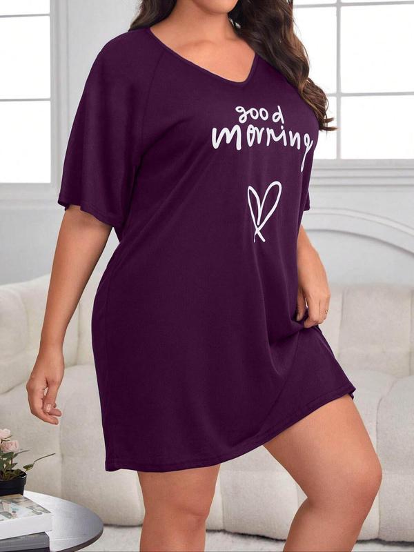  Letter & Heart Print V Neck Raglan Sleeve Tee Dress, Casual Half Sleeve Short Dress for Daily Wear, Women's Sleepwear for All Seasons