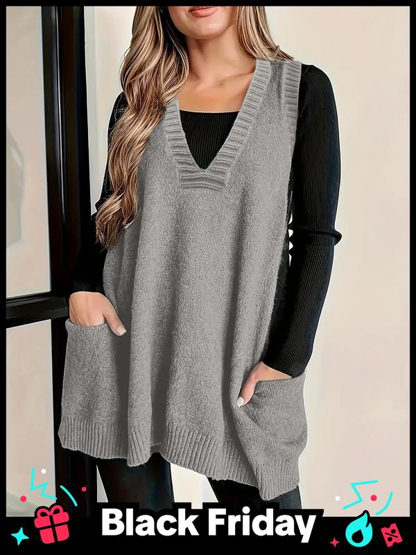  Solid Pocket V Neck Knit Tank Top, Casual Sleeveless Knitwear for Fall & Winter, Women's Clothing for Daily Wear