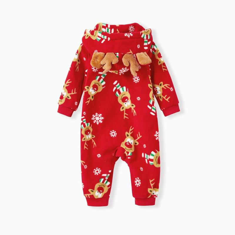 PatPat Christmas Family Matching Allover Deer Print 3D Antler Hooded Long-sleeve Red Thickened Polar Fleece Onesies Pajamas